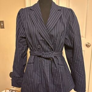 Lane Bryant Navy Striped Double-Breasted Blazer bin4